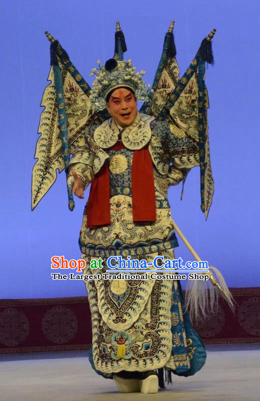 Shen Ting Ling Chinese Peking Opera Military Officer Apparels Costumes and Headpieces Beijing Opera Wusheng Garment General Sun Ce Kao Clothing with Flags