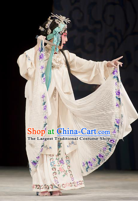 Chinese Beijing Opera Distress Maiden Garment Zhou Ren Xian Sao Costumes and Hair Accessories Traditional Peking Opera Tsing Yi White Dress Actress Apparels