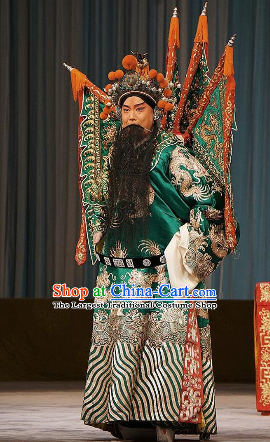 Mu Yang Juan Chinese Peking Opera General Armor Apparels Costumes and Headpieces Beijing Opera Military Officer Zhu Chundeng Garment Kao Clothing with Flags