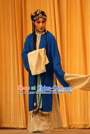 Chinese Beijing Opera Distress Maiden Garment Mu Yang Juan Costumes and Hair Accessories Traditional Peking Opera Tsing Yi Blue Dress Actress Apparels