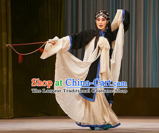 Chinese Beijing Opera Widow Zhao Jintang Garment Mu Yang Juan Costumes and Hair Accessories Traditional Peking Opera Tsing Yi Dress Distress Maiden Apparels