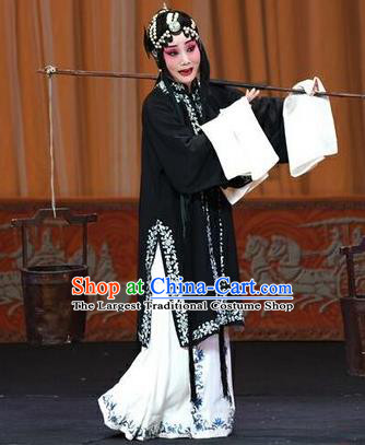 Chinese Beijing Opera Tsing Yi Garment Li Sanniang Costumes and Hair Accessories Traditional Peking Opera Distress Maiden Dress Young Female Apparels