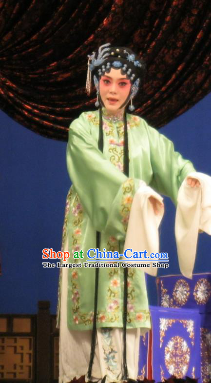 Chinese Ping Opera Actress Apparels Costumes and Headpieces Southeast Fly the Peacocks Traditional Pingju Opera Hua Tan Green Dress Garment