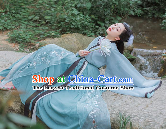 Chinese Traditional Jin Dynasty Embroidered Blue Hanfu Dress Garment Ancient Royal Princess Historical Costumes for Women