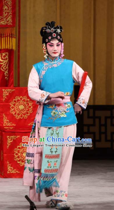 Chinese Beijing Opera Maid Lady Garment Jin Yunu Costumes and Hair Accessories Traditional Peking Opera Servant Girl Dress Xiaodan Blue Apparels