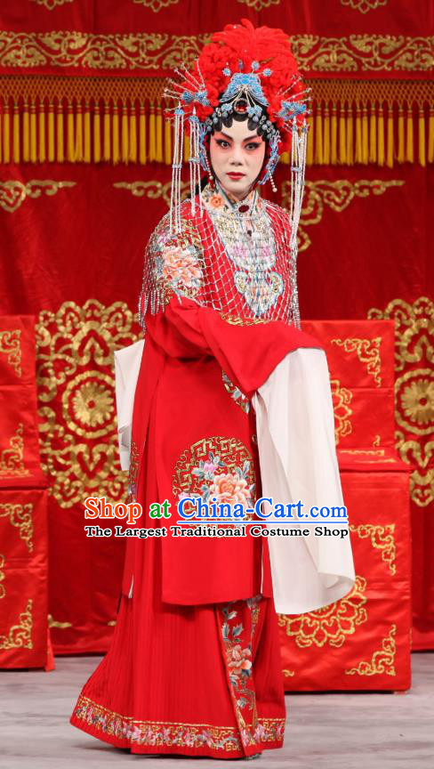 Chinese Beijing Opera Bride Garment Jin Yunu Costumes and Hair Accessories Traditional Peking Opera Hua Tan Red Dress Actress Apparels