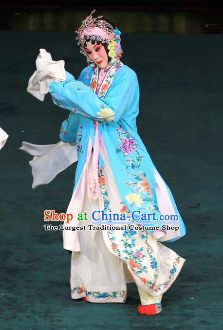 Chinese Beijing Opera Diva Garment Costumes and Hair Accessories Traditional Peking Opera Hua Tan Dress Actress Jin Yunu Blue Apparels