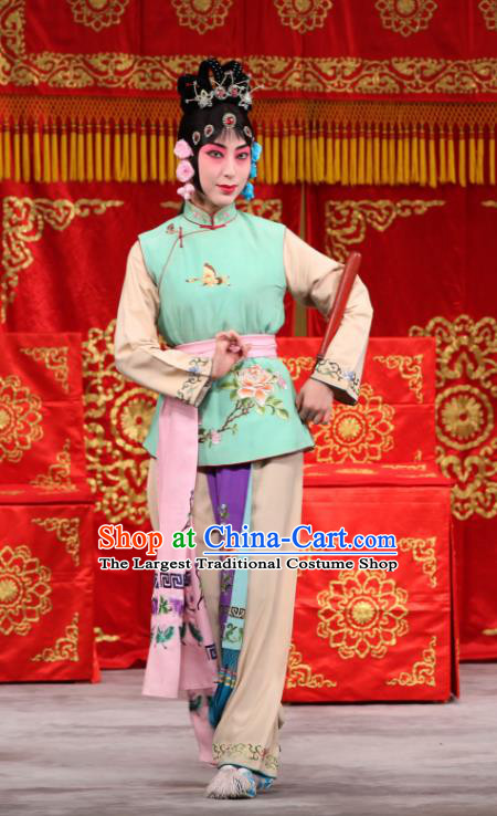 Chinese Beijing Opera Xiaodan Servant Girl Garment Jin Yunu Costumes and Hair Accessories Traditional Peking Opera Dress Maid Lady Green Apparels