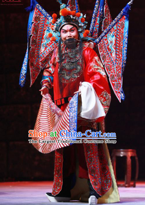 Xiang Lian Case Chinese Peking Opera Elderly Male Apparels Costumes and Headpieces Beijing Opera King Wu Sangui Garment Armor Clothing with Flags