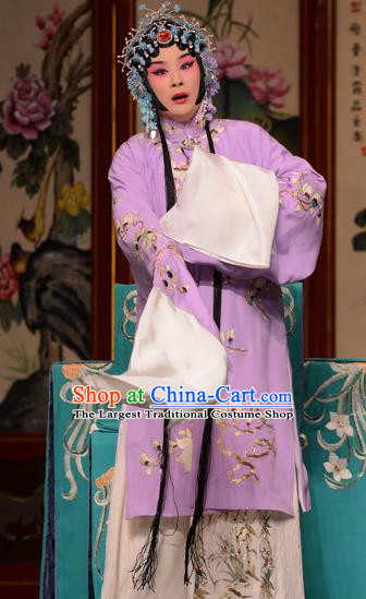 Chinese Beijing Opera Huadan Garment Snow in June Costumes and Hair Accessories Traditional Peking Opera Actress Purple Dress Distress Maiden Apparels