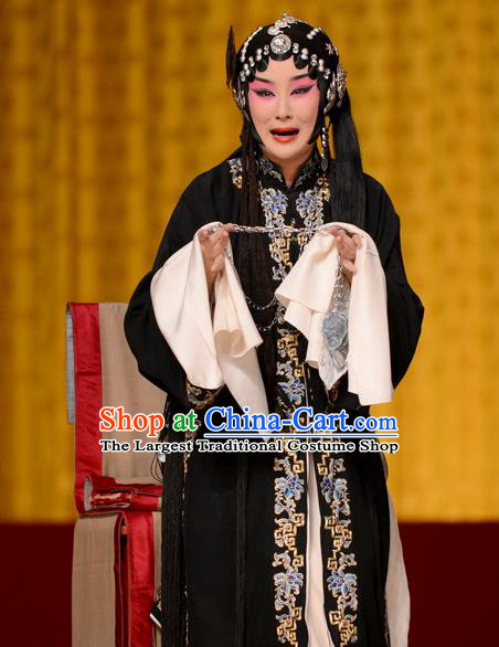 Chinese Beijing Opera Actress Dou E Garment Snow in June Costumes and Hair Accessories Traditional Peking Opera Tsing Yi Black Dress Diva Apparels