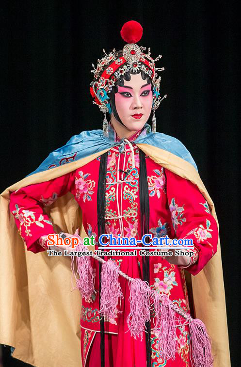 Chinese Beijing Opera Female Swordsman Garment Four Heroes Village Costumes and Hair Accessories Traditional Peking Opera Actress Hua Bilian Red Dress Apparels