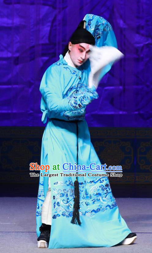 Hua Long Dian Jing Chinese Peking Opera Young Male Apparels Costumes and Headpieces Beijing Opera Xiaosheng Garment Scholar Ma Zhou Blue Clothing