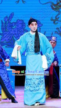 Hua Long Dian Jing Chinese Peking Opera Young Male Apparels Costumes and Headpieces Beijing Opera Xiaosheng Garment Scholar Ma Zhou Blue Clothing