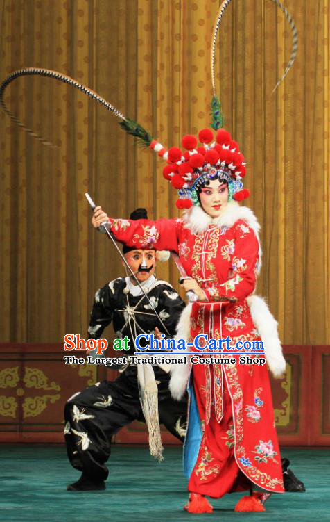 Chinese Beijing Opera Martial Female Garment Actress Costumes and Hair Accessories Traditional Peking Opera Wudan Red Dress Swordswoman Xu Peizhu Apparels