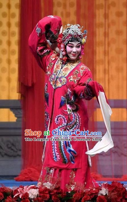 Chinese Beijing Opera Bride Zhang Sumei Garment Jie Mei Yi Jia Costumes and Hair Accessories Traditional Peking Opera Actress Red Dress Hua Tan Wedding Apparels