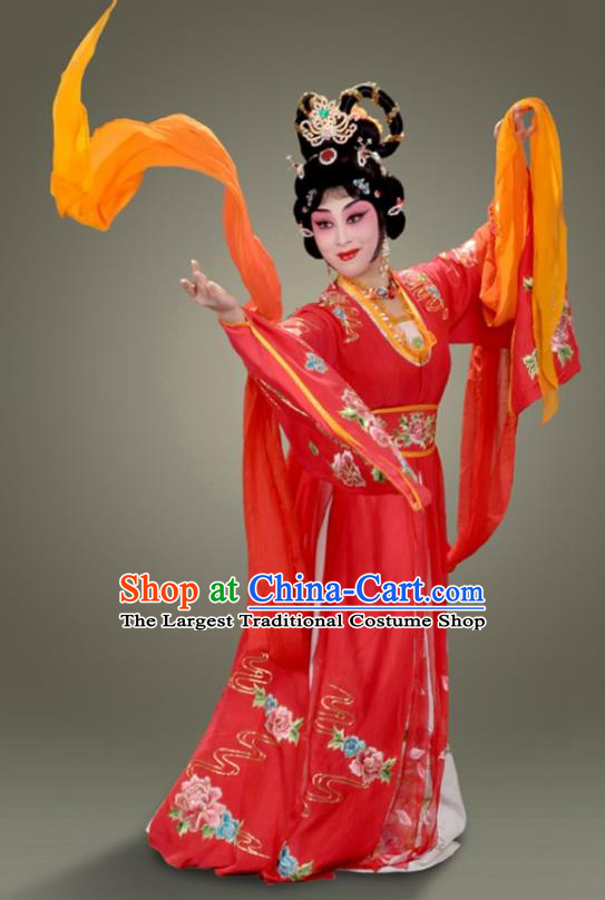 Chinese Beijing Opera Goddess Garment Costumes and Hair Accessories Ma Gu Xian Shou Traditional Peking Opera Young Female Red Dress Hua Tan Apparels