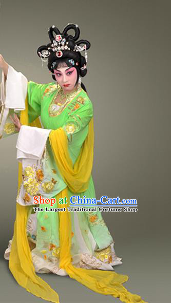 Chinese Beijing Opera Hua Tan Garment Costumes and Hair Accessories Ma Gu Xian Shou Traditional Peking Opera Young Lady Dress Goddess Green Apparels