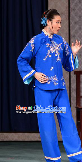 Chinese Ping Opera Young Mistress Apparels Costumes and Headpieces Third Sister Yang Goes to Court Traditional Pingju Opera Actress Blue Dress Garment