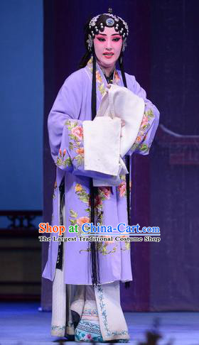 Chinese Ping Opera Diva Apparels Costumes and Headpieces Shao Gu Ji Traditional Pingju Opera Distress Female Purple Dress Garment
