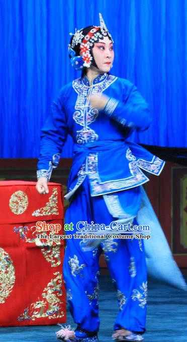 Chinese Beijing Opera Swordswoman Garment Da Jiu Guan Costumes and Hair Accessories Traditional Peking Opera Martial Female Blue Dress Apparels