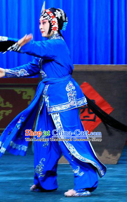 Chinese Beijing Opera Swordswoman Garment Da Jiu Guan Costumes and Hair Accessories Traditional Peking Opera Martial Female Blue Dress Apparels