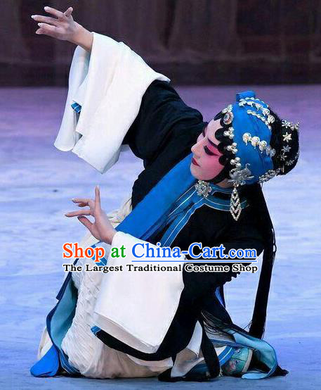 Chinese Beijing Opera Tsing Yi Garment Young Female Costumes and Hair Accessories Traditional Peking Opera Wang Baochuan Dress Distress Maiden Apparels