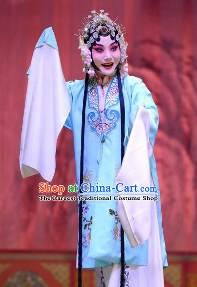 Chinese Ping Opera Diva Li Sanniang Apparels Costumes and Headpieces Traditional Pingju Opera Hua Tan Blue Dress Actress Garment