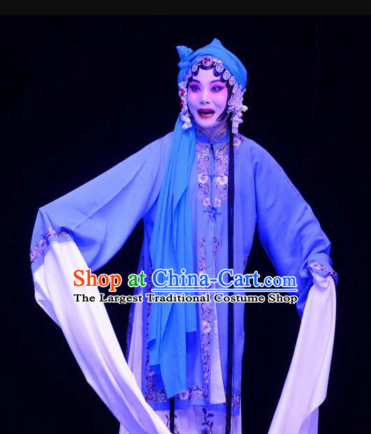 Chinese Ping Opera Distress Maiden Apparels Costumes and Headpieces Li Sanniang Traditional Pingju Opera Tsing Yi Blue Dress Garment