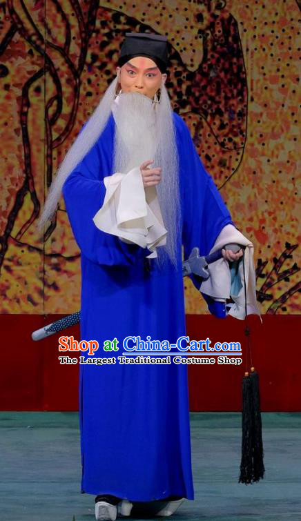 Ding Sheng Chun Qiu Chinese Peking Opera Laosheng Apparels Costumes and Headpieces Beijing Opera Old Man Garment Blue Robe Clothing