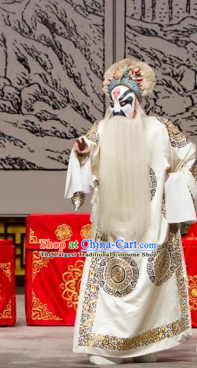 Long Tan Bao Luo Chinese Peking Opera Elderly Man Hu Li Apparels Costumes and Headpieces Beijing Opera Swordsman White Garment Clothing