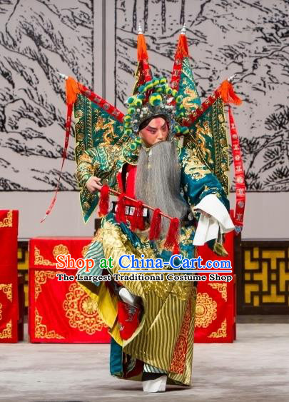 Long Tan Bao Luo Chinese Peking Opera General Luo Hongxun Kao Apparels Costumes and Headpieces Beijing Opera Green Armor Garment Clothing with Flags
