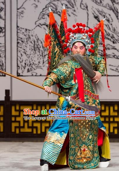 Long Tan Bao Luo Chinese Peking Opera General Luo Hongxun Kao Apparels Costumes and Headpieces Beijing Opera Green Armor Garment Clothing with Flags