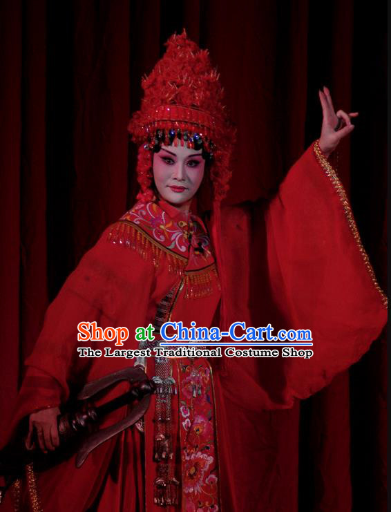 Chinese Beijing Opera Queen Red Garment Consort Bai Jie Costumes and Hair Accessories Traditional Peking Opera Empress Dress Young Female Apparels