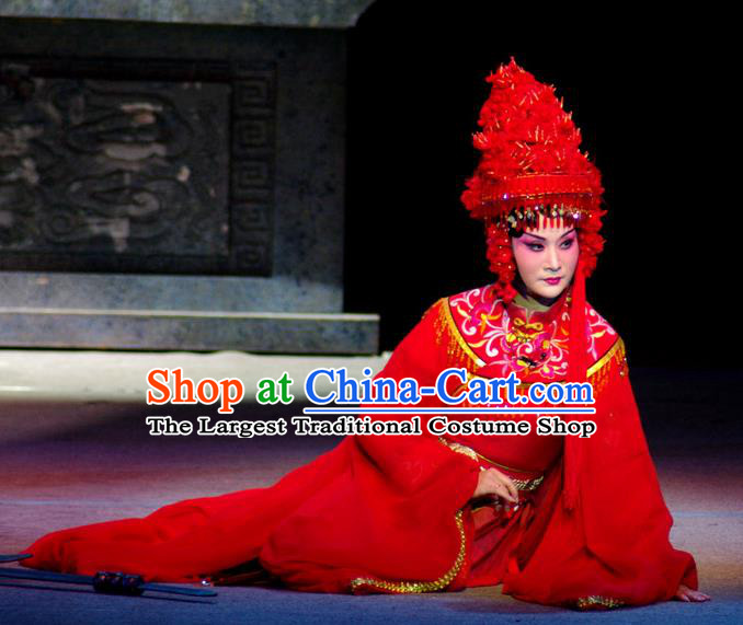 Chinese Beijing Opera Queen Red Garment Consort Bai Jie Costumes and Hair Accessories Traditional Peking Opera Empress Dress Young Female Apparels