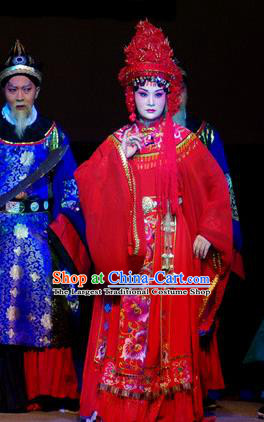 Chinese Beijing Opera Queen Red Garment Consort Bai Jie Costumes and Hair Accessories Traditional Peking Opera Empress Dress Young Female Apparels