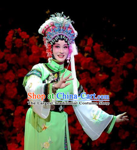 Chinese Beijing Opera Hua Tan Garment Consort Bai Jie Costumes and Hair Accessories Traditional Peking Opera Queen Green Dress Apparels
