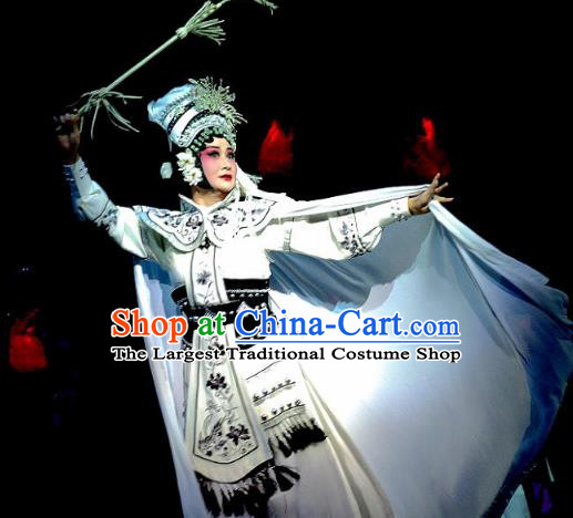 Chinese Beijing Opera Huadan Garment Consort Bai Jie Costumes and Hair Accessories Traditional Peking Opera Queen White Dress Martial Female Apparels