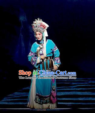 Chinese Beijing Opera Diva Garment Consort Bai Jie Costumes and Hair Accessories Traditional Peking Opera Queen Blue Dress Actress Apparels
