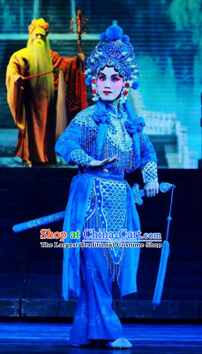 Chinese Beijing Opera Swordswoman Blue Garment Forbidden Love Costumes and Hair Accessories Traditional Peking Opera Martial Female Dress Xiao Qing Apparels