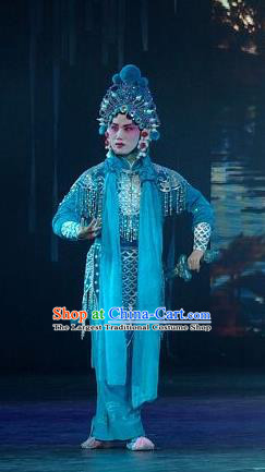 Chinese Beijing Opera Swordswoman Blue Garment Forbidden Love Costumes and Hair Accessories Traditional Peking Opera Martial Female Dress Xiao Qing Apparels