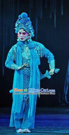 Chinese Beijing Opera Swordswoman Blue Garment Forbidden Love Costumes and Hair Accessories Traditional Peking Opera Martial Female Dress Xiao Qing Apparels