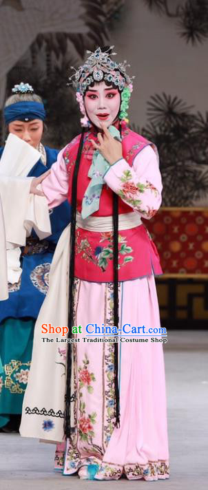 Chinese Beijing Opera Young Lady Garment Cui Ping Mount Costumes and Hair Accessories Traditional Peking Opera Maidservant Luan Ying Dress Apparels