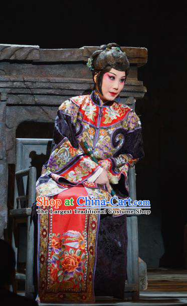 Chinese Beijing Opera Dowager Garment Costumes and Hair Accessories Traditional Peking Opera The Golden Cangue Mistress Cao Qiqiao Dress Rich Dame Apparels