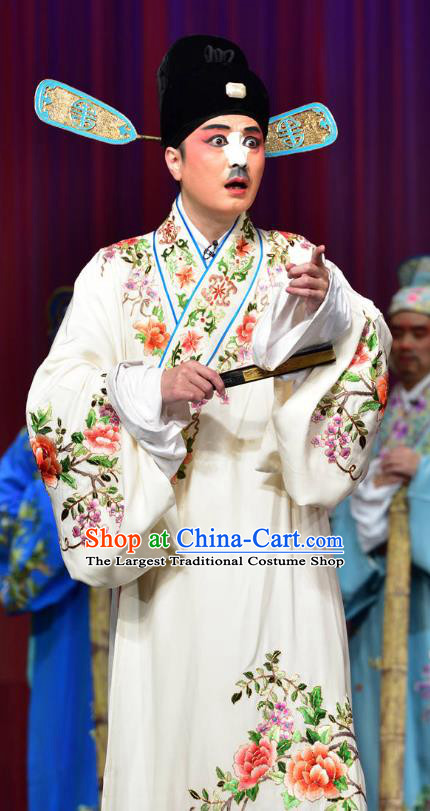 Divorce Case Chinese Sichuan Opera Scholar Apparels Costumes and Headpieces Peking Opera Chou Garment Clown White Robe Clothing