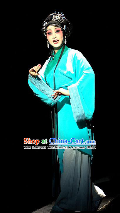 Chinese Sichuan Opera Country Woman Costumes and Hair Accessories Yu Hai Kuang Chao Traditional Peking Opera Young Female Blue Dress Actress Pu Lan Apparels