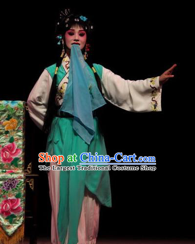Chinese Sichuan Opera Xiaodan Garment Servant Girl Yan Yan Costumes and Hair Accessories Traditional Peking Opera Young Lady Green Dress Apparels