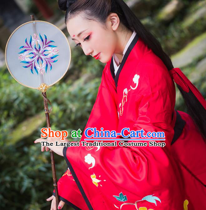 Chinese Traditional Han Dynasty Royal Princess Embroidered Hanfu Dress Ancient Patrician Lady Red Apparels Historical Costumes Complete Set