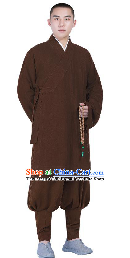 Chinese Traditional Monk Costume National Clothing Buddhism Brown Shirt and Pants for Men