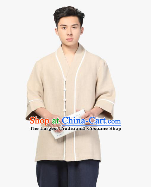 Chinese Traditional Tang Suit Upper Outer Garment Costume National Clothing Beige Ramie Shirt for Men